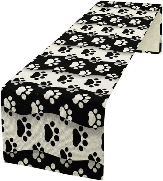 Dog Paw Table Runner,Kid Cute Animal Footprint Black White Theme Design Print Tablecloth Burlap for Hotel Indoors Outdoor Dining Room Kitchen Home Decor,W13X L36 in