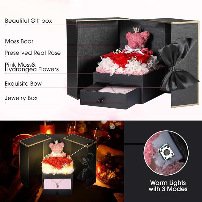 Cute Preserved Real Roses Bear Gift Box for Girlfriend with Initial Necklace L, Unique Birthday Gift for Mom, Her, Grandma, Anniversary Presents for Wife Women