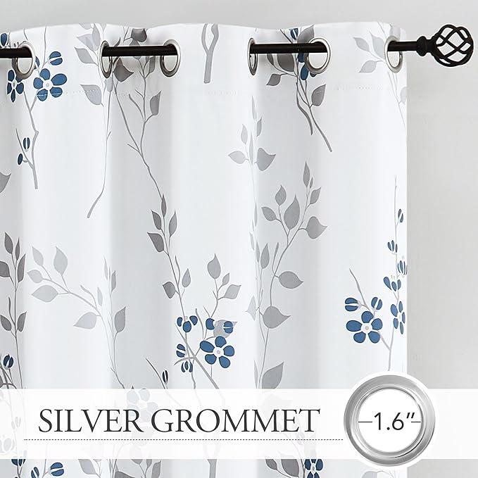 Beauoop Floral 100% Blackout Curtains 72 Inches Long 2 Panels for Bedroom Living Room Blue Grey and White Flower Patterned Room Darkening Thermal Soundproof Grommet Window Treatments Drapes, 52X72