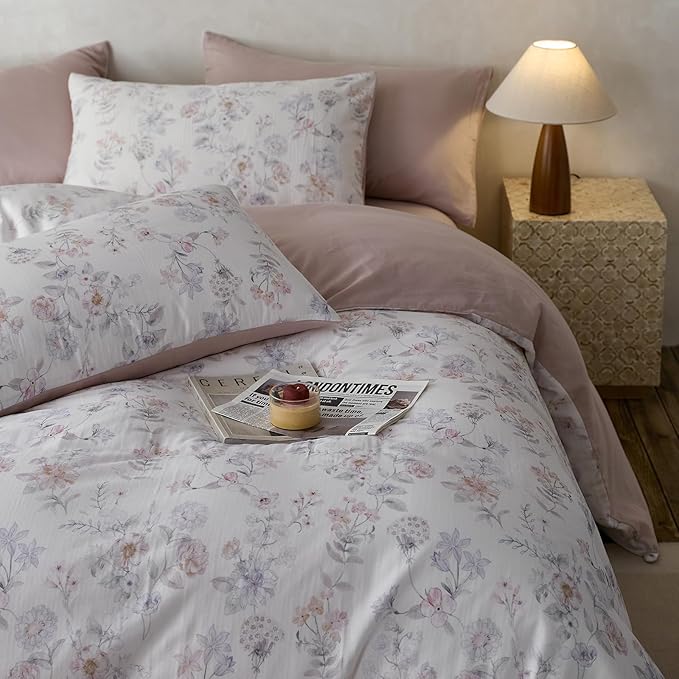 VM VOUGEMARKET King Duvet Cover Set,Blue Pink Flower Duvet Cover with 2 Pillowcases Cooling Breathable Lyocell & Cotton Bedding Set for Girls & Women (Blush Pink, 104x90 Inch)