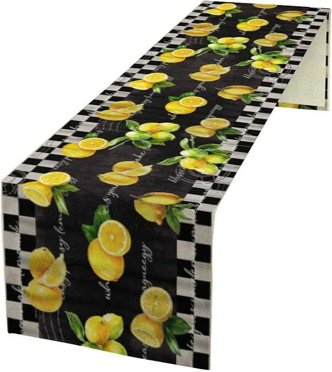 Lemon Table Runner , Summer Yellow Fruits Green Leaves Kitchen Dinning Table Decoration for Indoor Outdoor Home Party Decor 13x108 Inch