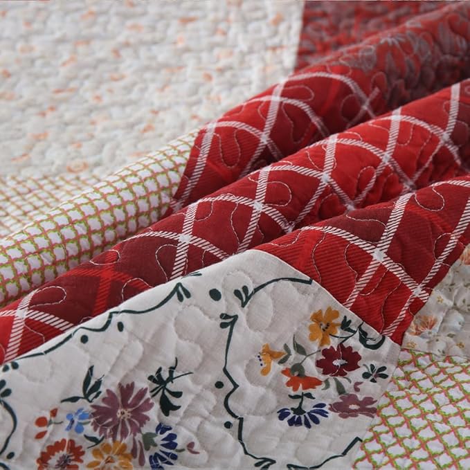 Cotton Bedspread Quilt Bedding Sets 3 Pieces Reversible Coverlet Sets Comforters Vintage Red White Rose Floral Patchwork Bedspread, Queen Size