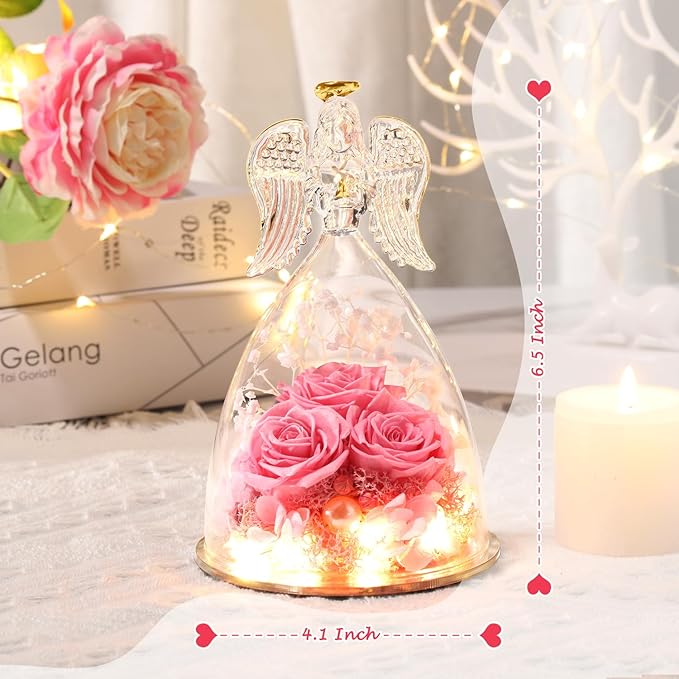 ANWEAO Mothers Day Birthday Gifts for Her Preserved Real Rose in Angel Glass Crystal Angel Figurines,The Best Mothers Day Christmas Anniversary Birthday Gift for Mum Wife (Pink)
