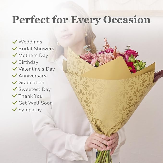 the florist Supply 20 Sheets Premium Flower Wrapping Paper | Waterproof Flower Wrapping Paper for Bouquets | Double Sided Floral Bouquet Sheets | DIY Gifts Isabella Kraft/Gold