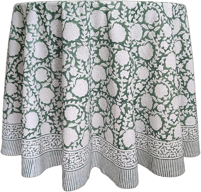ATOSII Shalimar Green 100% Cotton Round Boho Fall Tablecloth, Handblock Floral Table Cloth Linen for Kitchen Dining I Parties Wedding Outdoors Christmas Thanksgiving I Fall Home Decor 72" Inches Round