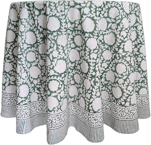 ATOSII Shalimar Green 100% Cotton Round Boho Fall Tablecloth, Handblock Floral Table Cloth Linen for Kitchen Dining I Parties Wedding Outdoors Christmas Thanksgiving I Fall Home Decor 60" Inches Round