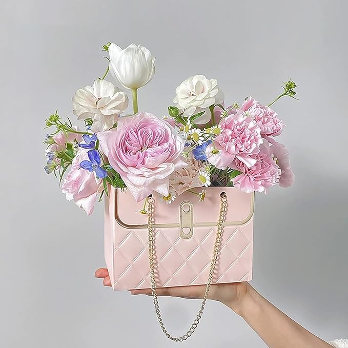 Jemattely Large Flower Paper Gift Bag,Bouquet Portable Flower Handbag Box with Metal Chain Rectangle Wedding Gift Wrap Bag Small Florist Carrier Bag for Wedding Mother Day Birthday Etc-4pcs Pink