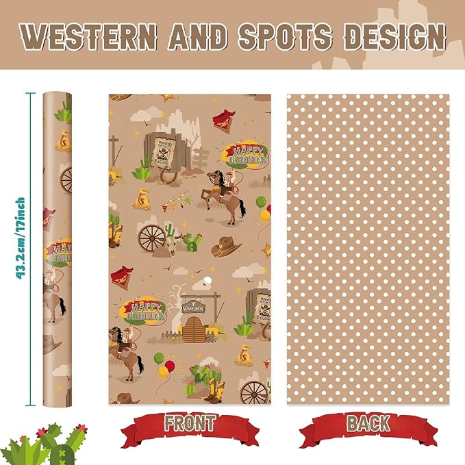 WERNNSAI Cowboy Wrapping Paper - 1 Roll 17” x 16.4ft Western Birthday Gift Wrap Men Boys Birthday Wrapping Paper Brown Cowboy Gift Packing Decoration Reversible Polka Dot Design