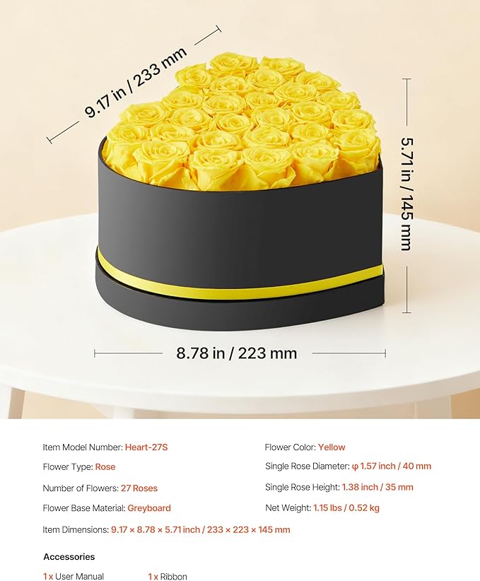 VEVOR Forever Flowers, 27 Preserved Roses in a Heart Shape Box, Eternal Flowers Immortal Bouquet Birthday Present for Women Her Wife Mothers, Anniversary, Valentine's Day,Christmas, Yellow