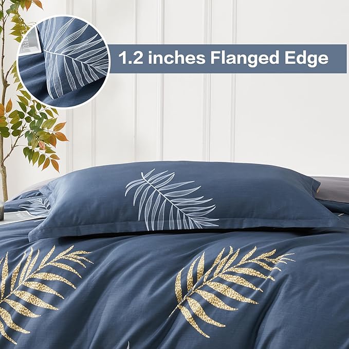 SAPHREAS Navy Blue Duvet Cover Set 2pcs Tropical Botanical Palm Leaves Bedding Comforter Cover Set Closure 1 Cotton Duvet Cover 68"x90" 1 Pillow Sham, Comforter Not Included