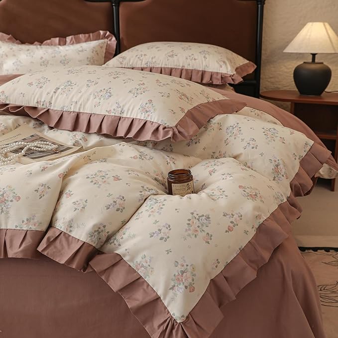 LifeTB Vintage Flower Duvet Cover Set Queen Romantic Girls Ruffle Comforter Cover Princess Lace Bedding Set 100% Cotton Girls Floral Duvet Cover with 2 Pillowcases Botanical Cottagecore Bedding Set