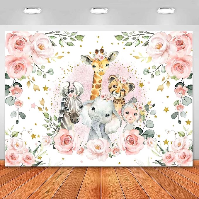 Sensfun Jungle Safari Baby Shower Backdrop It's A Girl Pink Floral Zoo Animals Baby Shower Party Decorations Wild One Birthday Photography Background Cake Table Banner Supplies (7x5ft)
