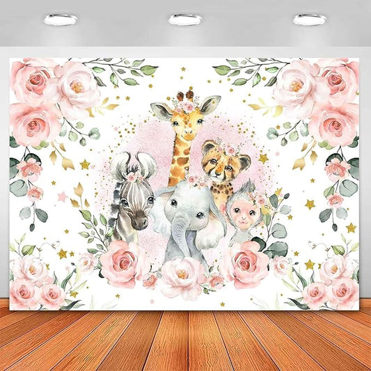 Sensfun Jungle Safari Baby Shower Backdrop It's A Girl Pink Floral Zoo Animals Baby Shower Party Decorations Wild One Birthday Photography Background Cake Table Banner Supplies (7x5ft)