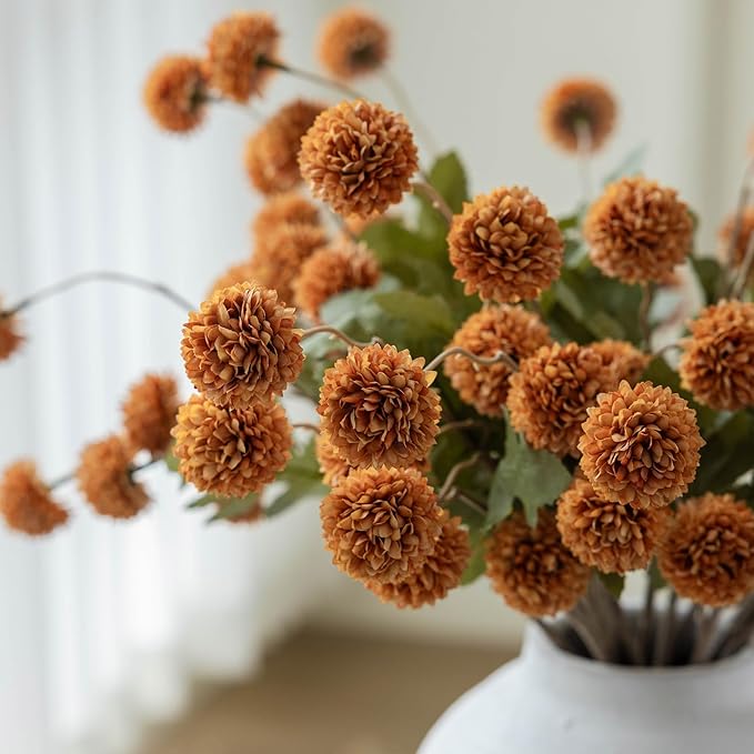 mizii 6Pcs Orange Fake Silk Pompon Mum Artificial Flowers Bulk Small Faux Chrysanthemums with Stems Floral Decorations for Wedding DIY Bouquet Centerpieces Shower Vase Home Decor (Burnt Orange)