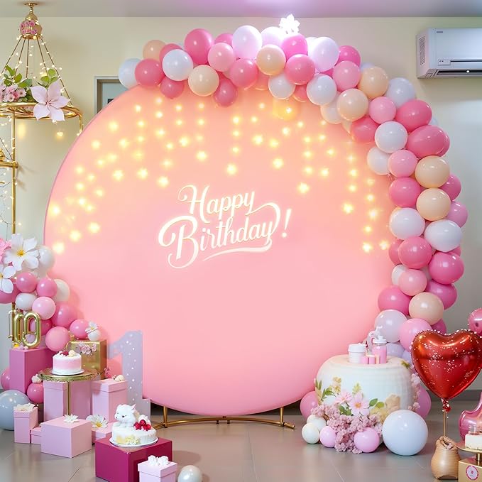 6.6 FT Pink Round Backdrop Cover with Lights String for Circle Arch Stand Circle Backdrop Covers with LED Fairy Lights for Wedding Baby Shower Girls Birthday Party Photo Shoot Photography Background
