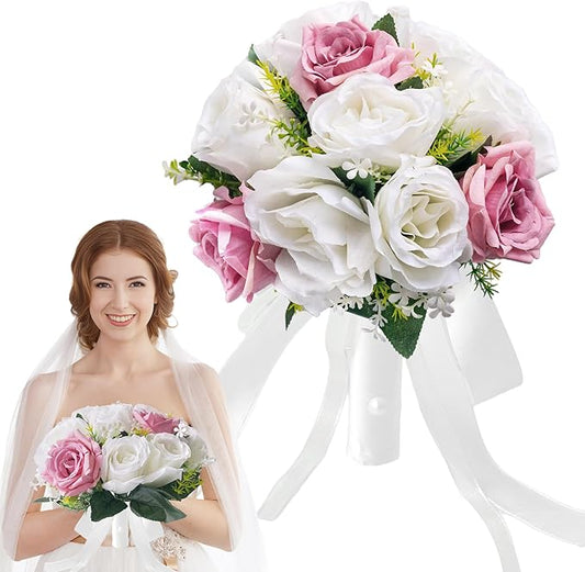 Wedding Bouquets for Bride - Realistic Silk Flowers Artificial Roses, 8 Inch Bridesmaid Bouquet for Ceremony, Church, Anniversary, and Home Decoration (White & Pink)