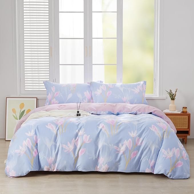 SAPHREAS Queen Size Floral Duvet Cover Set 3pcs Cotton Pink Orchid Flower Printed Blue Bedding Comforter Cover Set 100% Cotton 1 Duvet Cover 90"x90" 2 Pillow Shams, Comforter Not Included