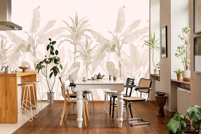 Tropical Botanical Wallpaper Beige Palm Leaves Wall Mural for Living Room Bedroom（Not Peel and Stick）