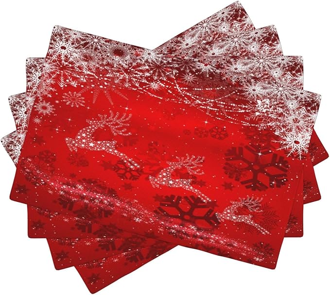 Christmas Elk Placemats Cartoon Red Festive Christmas Snowflake Gift Bell Beautiful Deer Placemats Table Kitchen Dining Party 12x18 Inch Set of 4