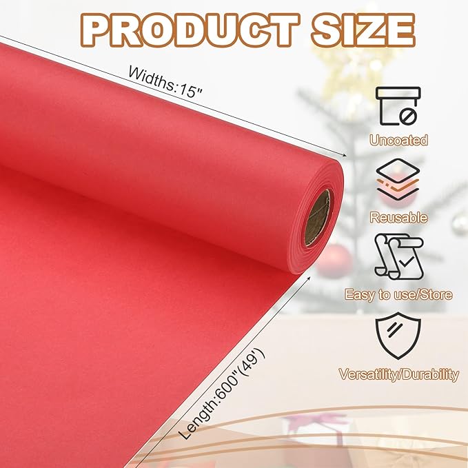 PATIKIL Wrapping Paper, 15" x 600"(49') 70 GSM Craft Paper Roll Kraft Packing Paper for Poster Bulletin Board, Gift Wrapping, Bright Red