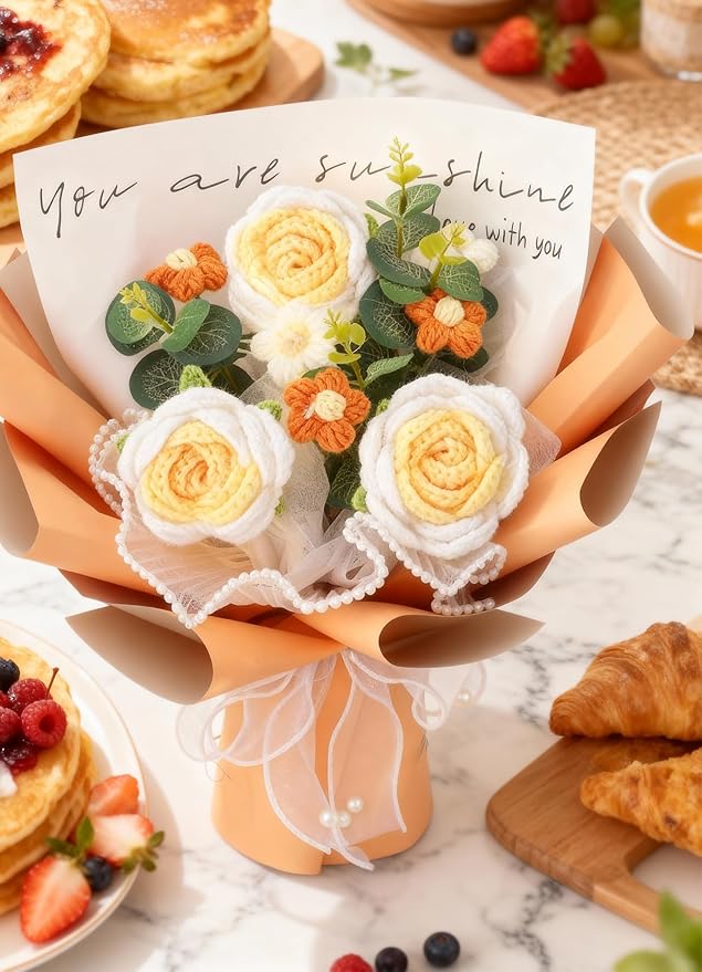 Crochet Flower Bouquet Handmade Knitted Sunflower Tulip Rose Daisy
