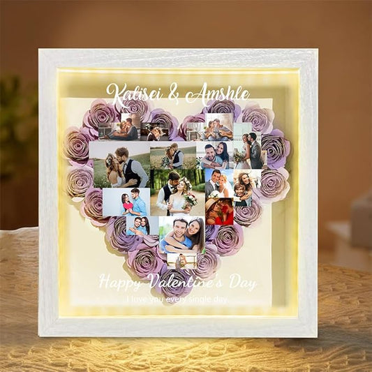 Personalized Photo Flower Shadow Box with LED Light Custom Heart Picture Collage Rose Flower Shadow Box Frame Memory Rose Display Case Gifts for Valentine's Day Christmas Birthday