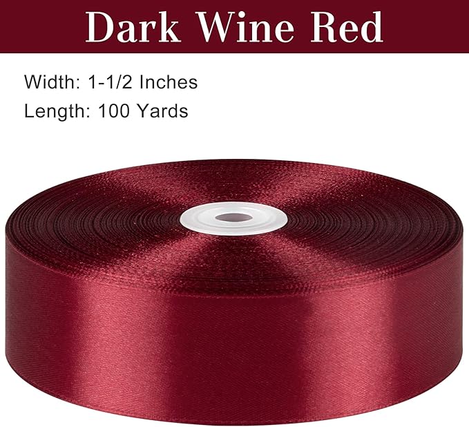 1-1/2 Inches 100 Yards Dark Wine Red Satin Ribbon, Ribbon Roll for Flower Bouquets, Gift Wrapping, Wedding, Handmade Crafts