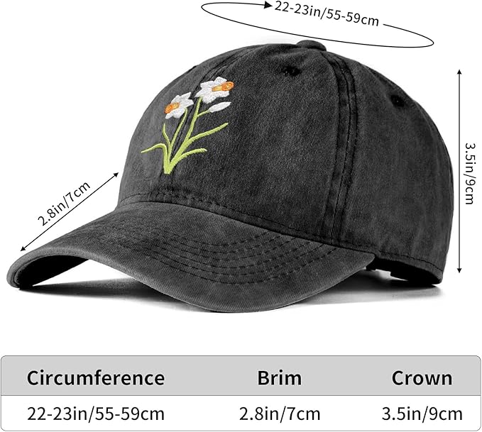 Cute Flower Hat, Elegant Floral Embroidered Adjustable Baseball Cap for Men Women, Gifts for Flower Lovers, Black