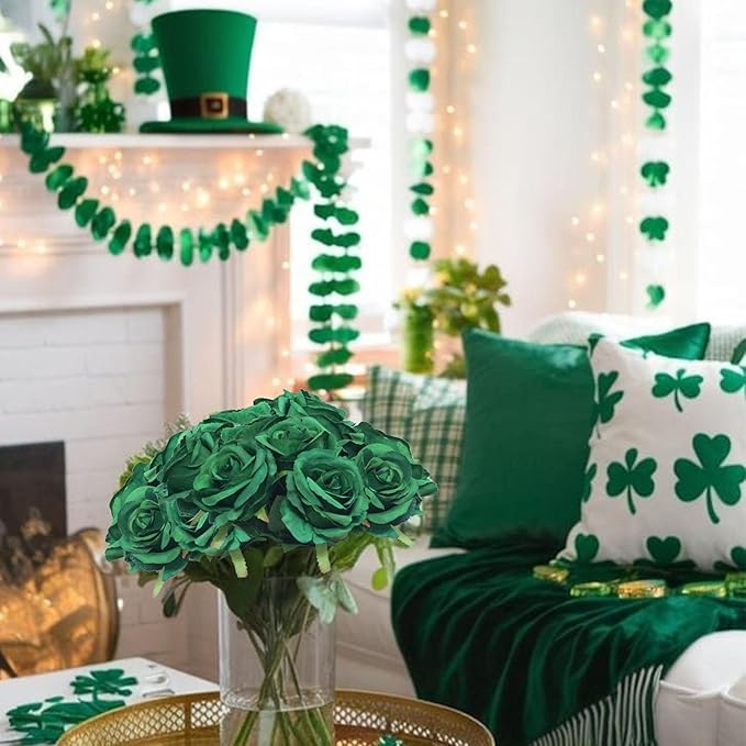 Felice Arts 12 Pack Green Artificial Roses Emerald Green Flowers with Stems Silk Roses Fake Flowers Bouquet for Christmas St Patricks Day Wedding Centerpiece Table Vase Home Kitchen Party DIY Decor
