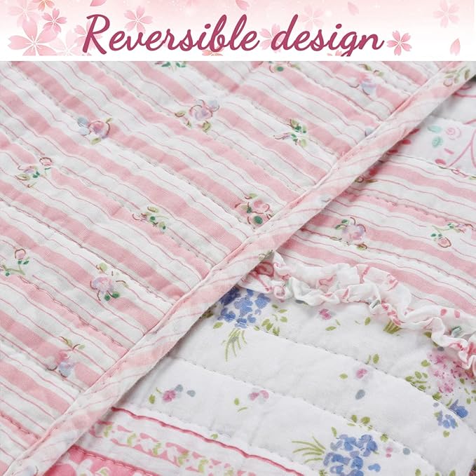 Cozy Line Home Fashions Pink Flower Lace Ruffle Stripe Shabby Chic Girl 100% Cotton Reversible Quilt Bedding Set, Coverlet, Bedspread (Pink Lace, King - 3 Piece: 1 Quilt + 2 Shams)