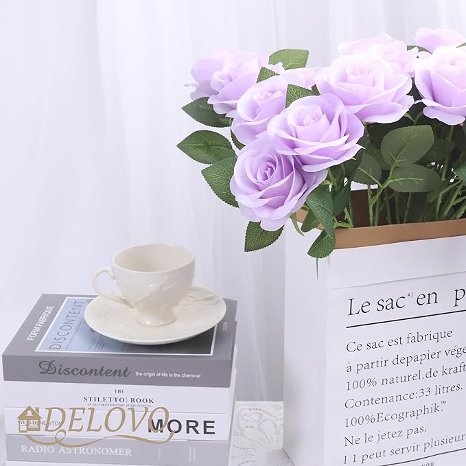 52pcs Lavender Roses Artificial Flowers Fake Flowers Silk Roses with Stems for DIY Wedding Bouquets Bridal Shower Centerpieces Arrangements Party Decorations