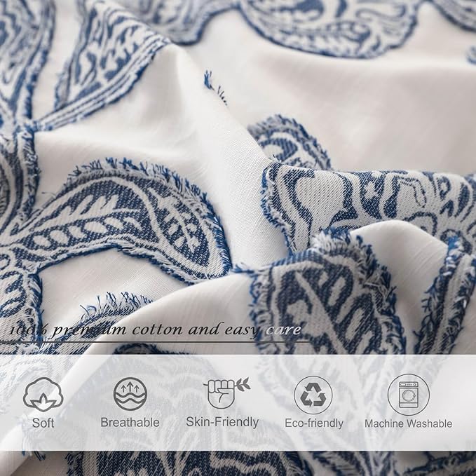 meadow park Floral Cotton Duvet Cover Queen Size Bedding Set Soft Textured Comfy Breathable Jacquard Comforter Duvet Cover with 2 Pillow Shams, Button Closure&Corner Ties, Blue Color