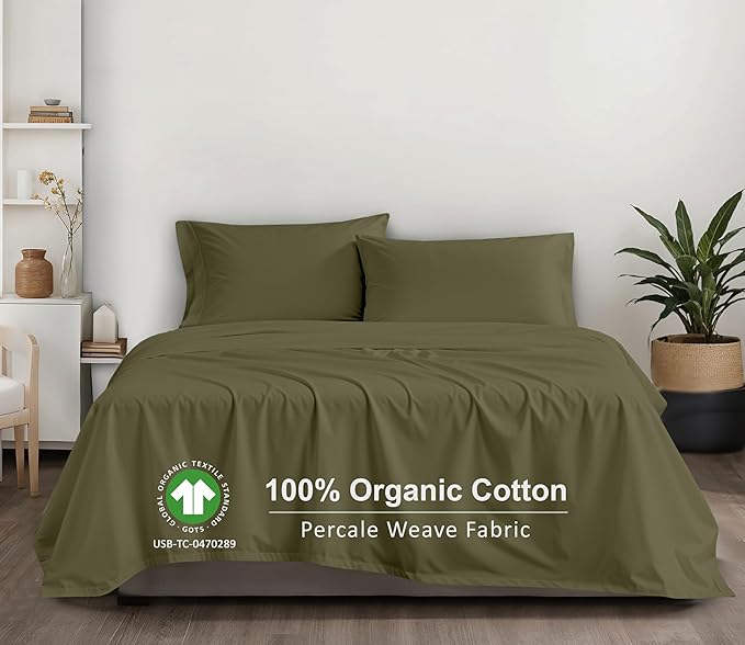 RUVANTI 100% Organic Cotton Sheets Queen Size, Percale Weave, GOTS Certified, 4-Piece Set, Deep Pocket 15", Crisp & Breathable, Soft Durable Bedding, Sábanas Algodón Orgánico – Olive