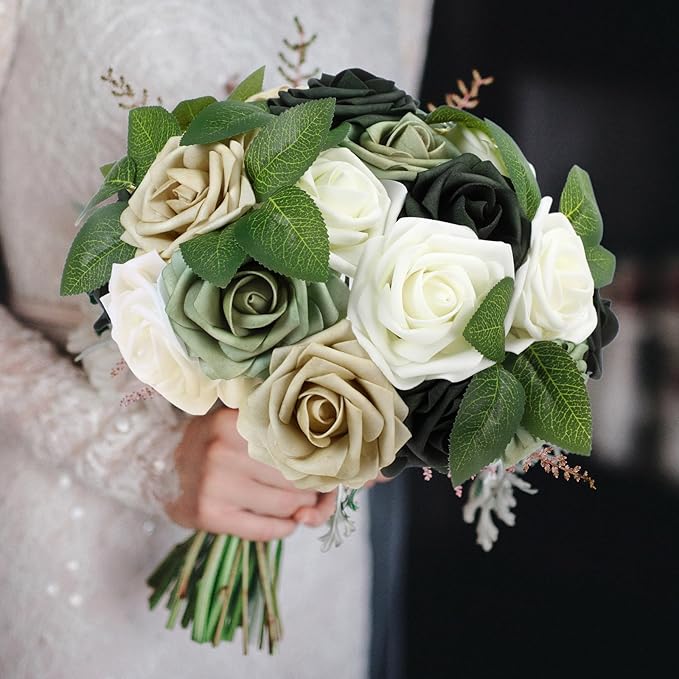 100 Pieces Artificial Foam Rose Flowers Faux Bouquet with Leaves and Stems for DIY Wedding Bouquets Centerpieces Bridal Shower Party Valentine Home Decorations (Shades of Emerald)