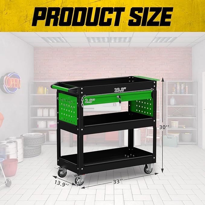 3 Tier Rolling Tool Cart on Wheels, 450 LBS Capacity Tool Cart with Drawers, Heavy Duty Rolling Utility Cart on Wheels, Rolling Work Carts for Garage, Warehouse and Repair Shop,Black Green