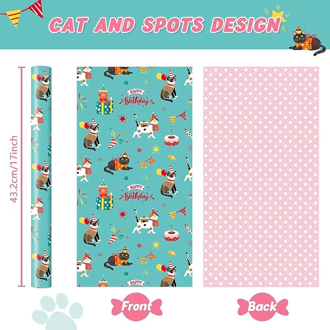 WERNNSAI Cat Birthday Wrapping Paper Roll - 1 Roll 17” X 33 ft Cat Gift Wrapping Paper Roll Girls Kids Birthday Green Pink Wrap Paper with Polka Dot Design for Gift Packing Supply