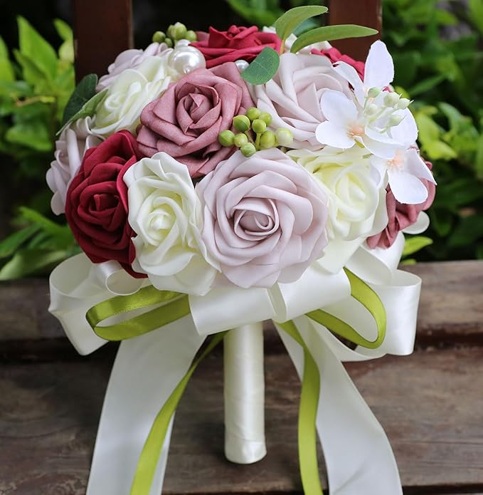 Lightweight Bridal Wedding Bouquet Round Holding Bouquet Throw Toss Artificial Rose Flower Bunch for Bride Bridesmaid Wedding Quinceanera (Cream, Smoky Rose, Light Taro & Burgundy, 7.9")
