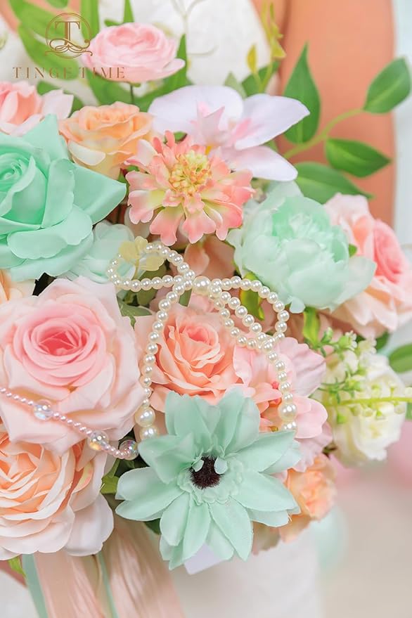 TINGE TIME 13 Inch Wedding Bouquets for Bride,Bridal Bouquet for Bride, Artificial Silk Flowers for Wedding Ceremony and Anniversary (Mint Green & Pink)