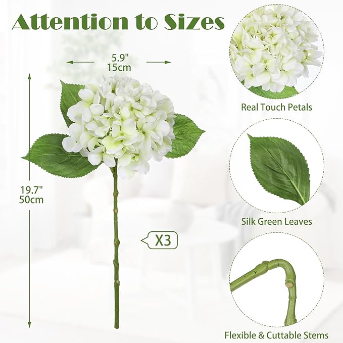 Oairse 3Pcs White Hydrangea Artificial Flowers 19.7 in Real Touch Faux Hydrangea Stems Silk Flowers with Stems White Fake Flowers Bouquet for Floral Arrangements Table Centerpieces Wedding Home Decor