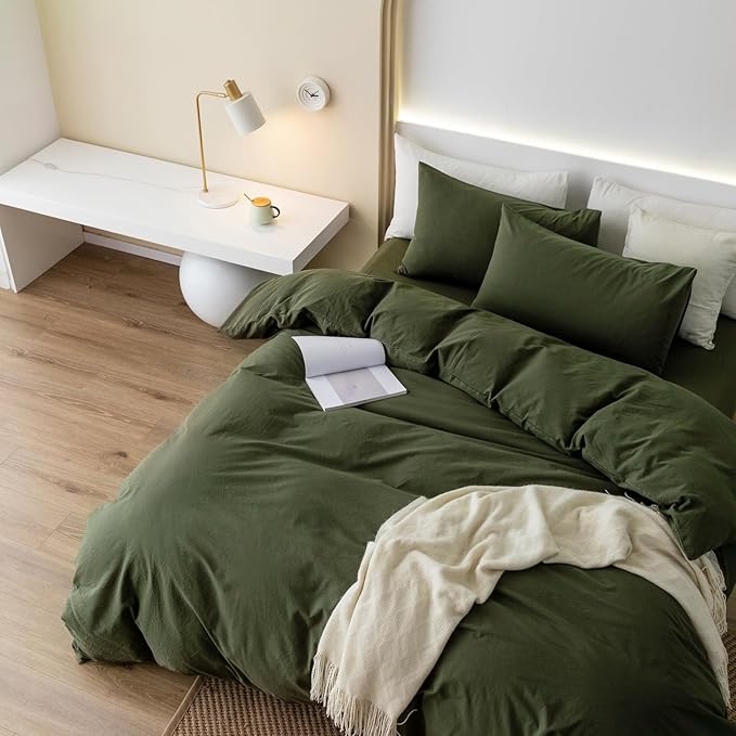 JIYUAN 100% Washed Cotton Duvet Cover Set 3 Pieces Oversized Queen, 1 Duvet Cover 98x98 Inches(Comforter Not Included) and 2 Pillowcases,Linen Feel Bedding Set Comfy and Breathable,Olive Green