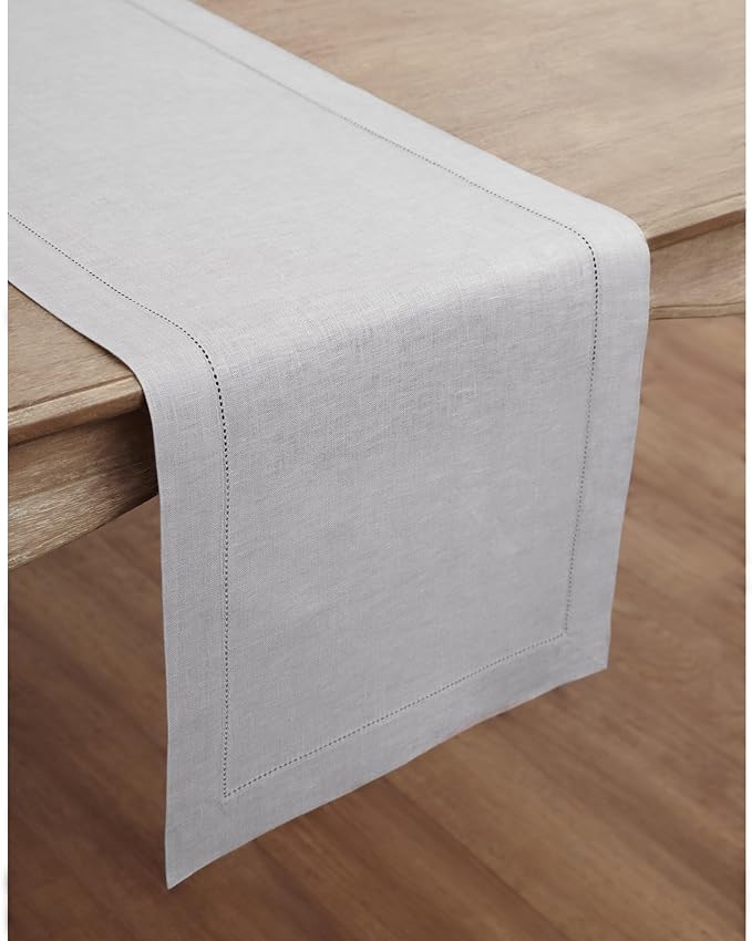 Solino Home Linen Soft Grey Table Runner 108 Inches Long - 100% Pure Linen 14 x 108 Inch Table Runner for Spring, Easter - Classic Hemstitch