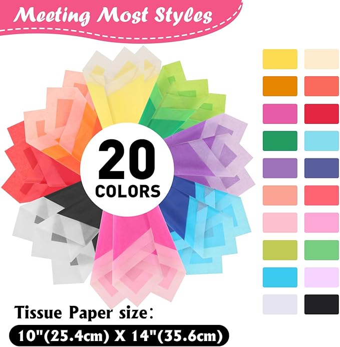 800 Sheets Tissue Paper, 20 Colors 10" X 14" Tissue Papers for Gift Bags Birthday Party Flower Decoration, Colored Tissue Paper Bulk for Packaging