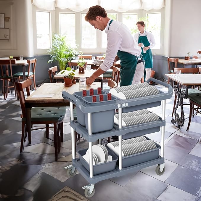 TUFFIOM 3-Tier Plastic Service Storage Utility Cart with Wheels, Heavy Duty Multi-Function Mobile Shelving Unit Organizer, Ideal for Restaurant, Foodservice, Office, Warehouse, Grey