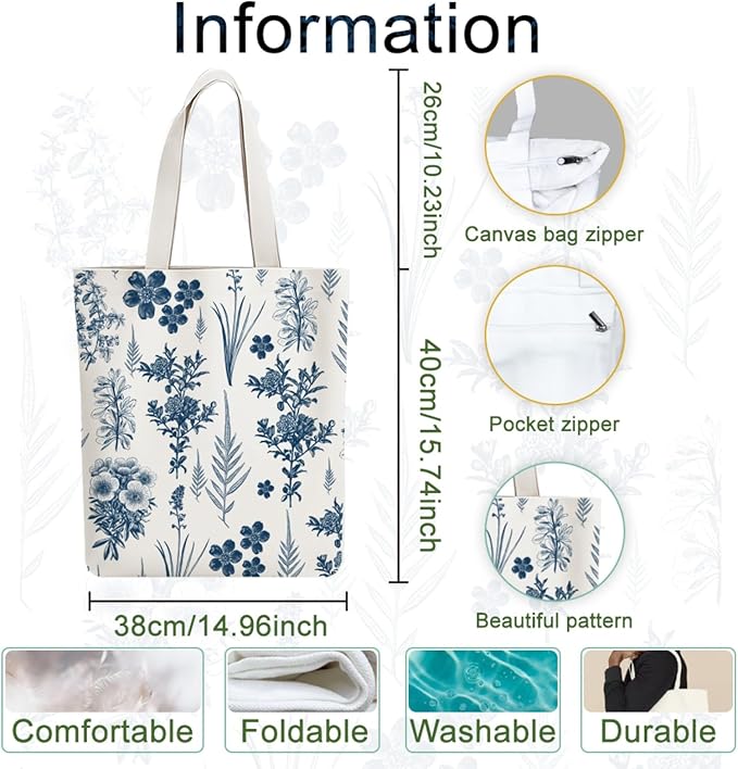 ANATTASOUL Canvas Tote Bag Blue Flower and Leaf Reusable Cotton Bag for Women, Durable Cloth Shoulder Bags with Zipper Pockets for Shopping, Vacation, Work, Gym