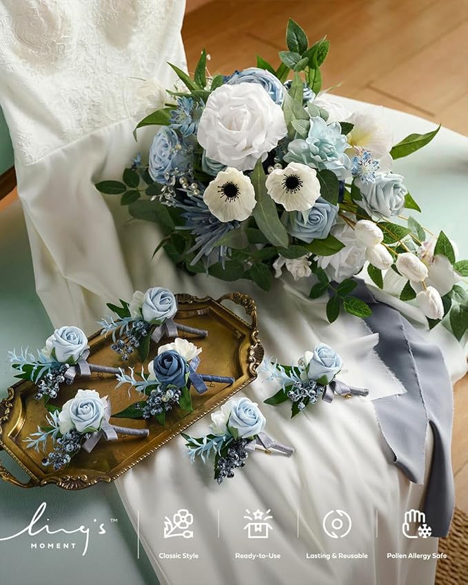 Ling's moment Boutonniere for Men, 6pcs Groom Groomsmen Boutonniere, Artificial Flowers for Wedding Decor/Prom/Homecoming, etc.Dusty Blue Light Blue