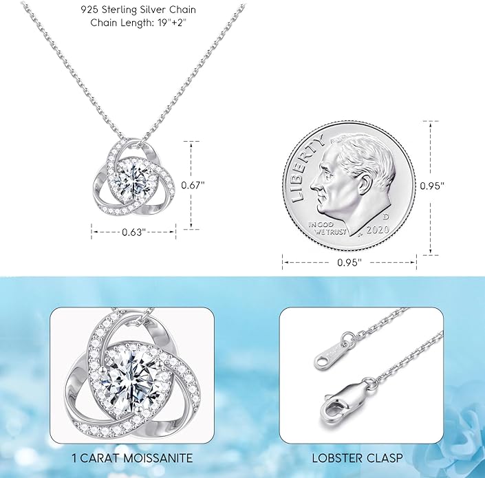 MOOSEA Love Knot Moissanite Necklace for Women, 1-3 ct D Color VVS1 Clarity 925 Sterling Silver Moissanite Pendant Necklace Anniversary Birthday Christmas Gifts for Women Wife Mom Girlfriend