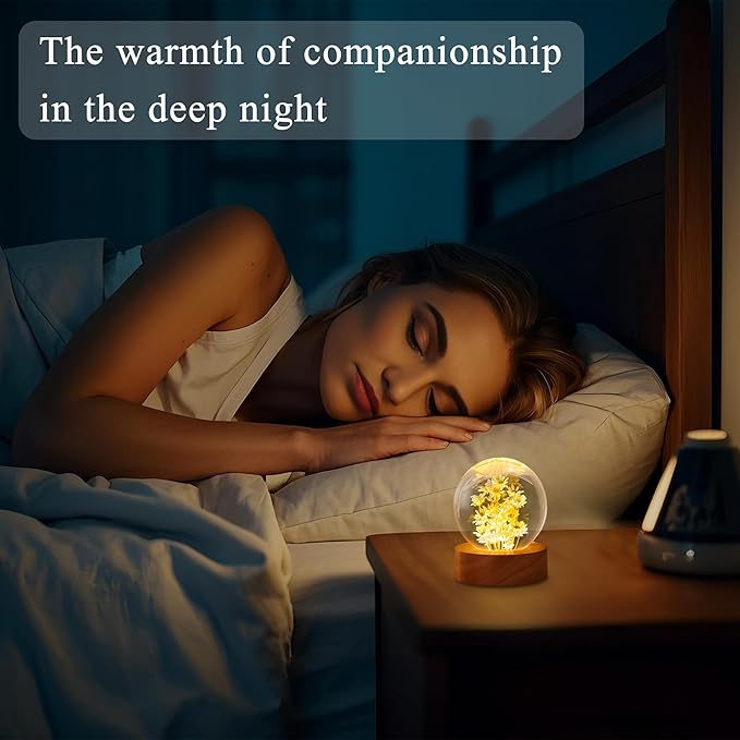 Daisy Decor Gifts,Daisy Flower Lamp Crystal Ball Night Light,2.4 Inch Glass Ball Lamp with LED Wooden Base,Soft Warm White Lighting for Women Best Friends Sister Birthday Xmas Aesthetic Gift(Yellow)