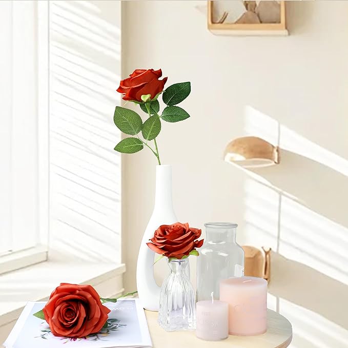 Artificial Rose Flowers Burnt Orange Rose Flowers Silk Flowers 30 pcs with Long Stem Silk Roses Bouquet for Wedding Bridal Shower Party Home Decoration