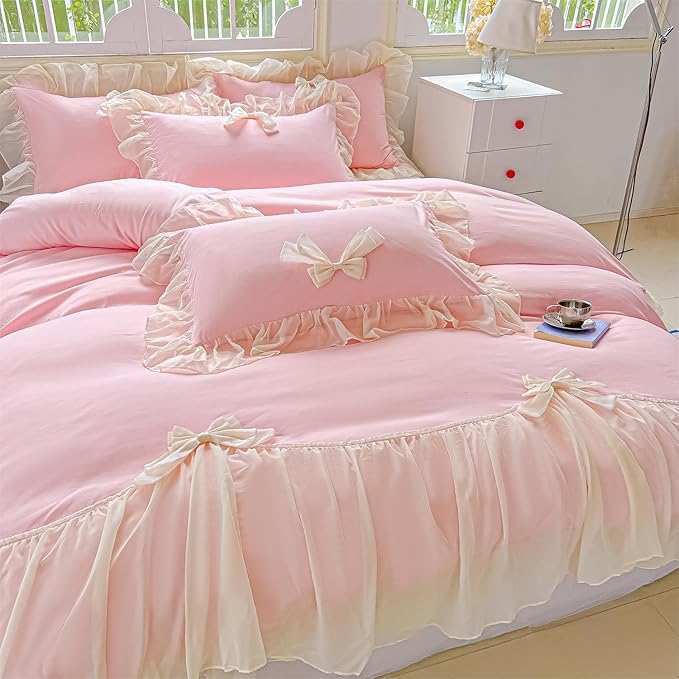 Chic Lace Bedding,Girls Twin Aesthetic Comforter Cover Set,Romantic French Princess Style Ruffled Duvet Cover with Lovely Bow with Zipper Closure-Pink,Twin Size
