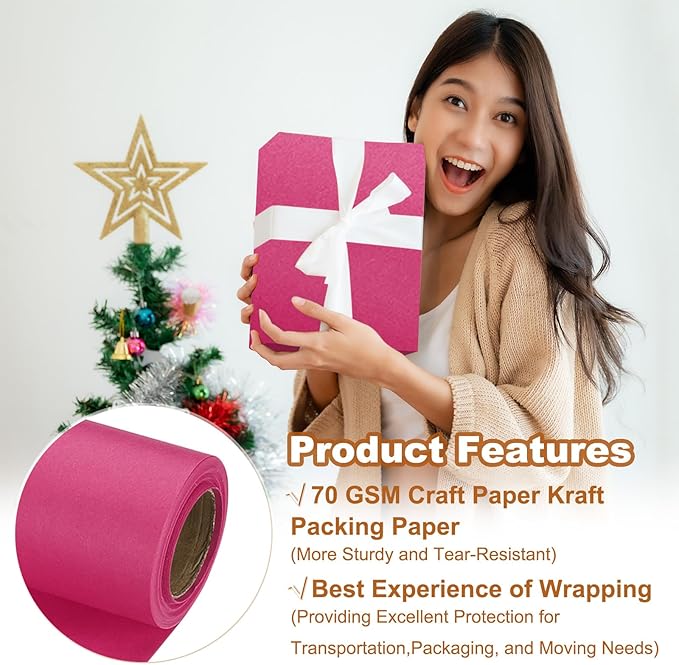 PATIKIL Wrapping Paper, 17" x 300"(25') 70 GSM Craft Paper Roll Kraft Packing Paper for Poster Bulletin Board, Gift Wrapping, Dark Pink